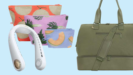 Torras Neck Fan, Baggu Go Pouch set of 3 with Japanese Produce Patterns, and Beis Weekender bag in olive green on white background