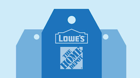 Blue tags with Lowes logo and Home Depot logo