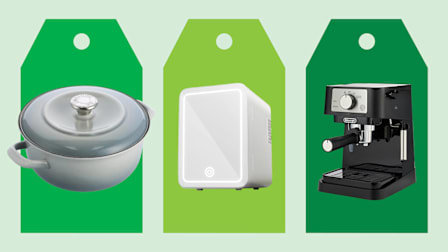 From left: Merten & Storck Enameled Iron 1873 Cookware, Easy-Take Skincare Fridge, and De'Longhi Stilosa Espresso Machine on green tags