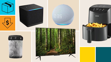 Amazon Echo Dot (5th Gen) w/ clock 
Smart Speaker, Cosori Lite CAF-LI211 Air Fryer, Amazon ML55F700 TV, HyperChiller, and Amazon Fire TV Cube (3rd Gen) with a cyan block with a package icon, and an orange block with a dollar sign in a down arrow