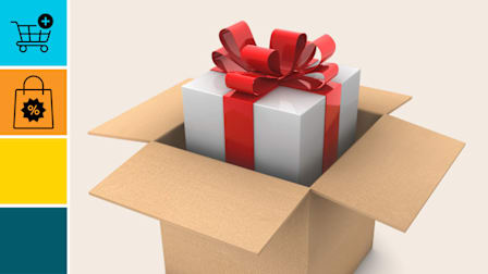 Gift Box with red bow in cardboard box with a cyan block with a shopping cart icon, and an orange block with a shopping bag icon with a percent symbol.