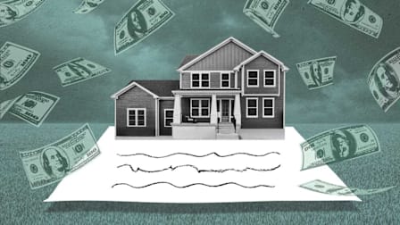 Illustration of a home with floating U.S. hundred-dollar bills surrounding it on a piece of paper.