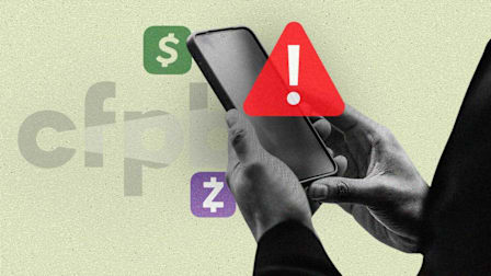 A photo illustration shows Hands holding a smartphone with a red warning icon, alongside the Cash App, Zelle, and CFPB logos.