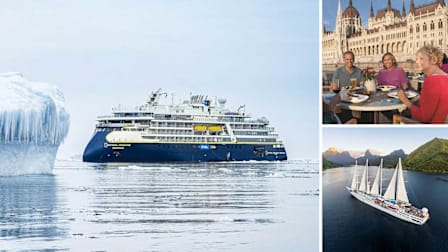 Clockwise from left: National Geographic Endurance cruise ship in the arctic, people dining on the deck of a Viking River Cruise in Budapest, a Windstar sailing yacht.