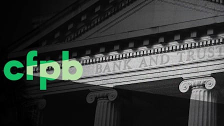 A photo illustration of the CFPB logo lighting the front of a bank building.
