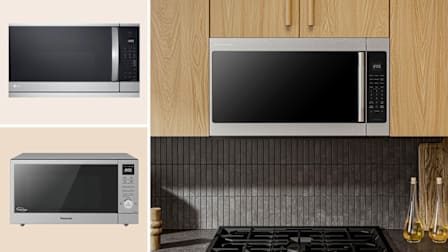 Clockwise from top left: LG MVEL2125F, KitchenAid KMMS330SPS, and Panasonic NN-SD77PS microwaves.