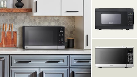 clockwise from left: LG NeoChef MSER1590S, Commercial Chef CHM990B, Danby DDMW007501G1 countertop microwaves