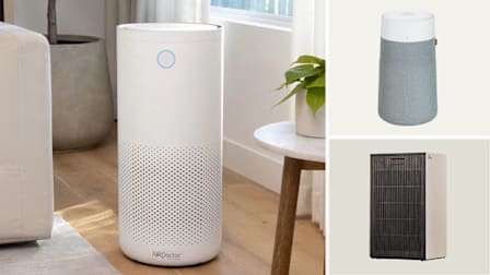 Clockwise from left: AirDoctor 4000 air purifier seen in a living room setting, the lueair Blue Pure 311i+ Max air purifier, the Coway Airmega ProX air purifier.
