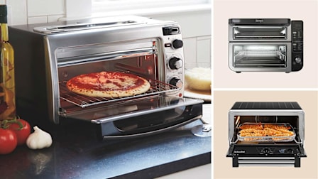Clockwise from left: a cooked pizza coming out of the Hamilton Beach 31156 toaster oven, Ninja DCT401 toaster oven, a KitchenAid KCO124BM toaster open with chicken fingers on its tray.