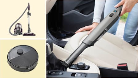 grid of three images with Kenmore 22614 bagless canister vacuum and iRobot Roomba Max 705 on light yellow backgrounds and close up of person using Shark WandVac WV201 handheld vacuum to clean shift stick of car