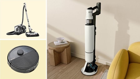 Clockwise from top left: Kenmore 500 Series DC5070, the Samsung Bespoke AI Jet Ultra VS90F40DMK/AA seen in a living room environment, iRobot Roomba Max 705