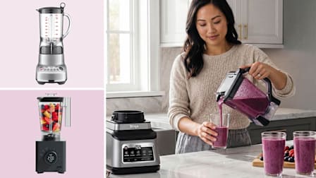 Clockwise from top left: Breville the Fresh & Furious BBL620SIL blender, a woman pouring a purple smoothie from the Ninja  Professional Plus Kitchen System BN801 Blender, and the Chefman Obliterator blender.