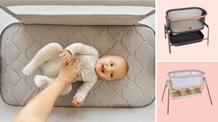 grid of three images with overhead view of hand reaching into Newton Baby Bassinet & Bedside Sleeper with smiling baby, and Maxi-Cosi Iora Bedside Bassinet and Chicco LullaGlide Plus 3-in-1-Bassinet on light red backgrounds