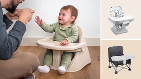 grid with baby in Boppy Proper Posture engaging with parent and Fisher-Price Space Saver High Chair and Bright Starts Pop 'N Sit Portable Booster on beige backgrounds
