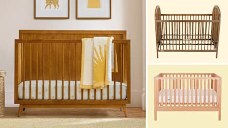 grid of three images with west elm Mid Century 4 in 1 Convertible Crib in nursery with yellow sun sheets and blanket and Graco Olivia 3-in-1 Convertible Crib and Newton Baby Galileo Convertible Crib on pale yellow backgrounds