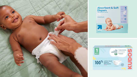 grid of three images with baby lying on back and hands of parent putting diaper on baby, Up & Up (Target) Absorbent Soft Diapers and Kudos Cotton Lined Diapers on light green backgrounds
