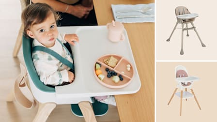 grid with baby in UPPAbaby Ciro high chair at table while looking at camera and Harppa Caspio Lite 2-in-1 and Joie Chai high chairs on beige backgrounds