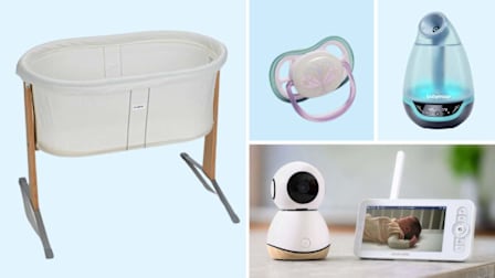 Shown clockwise from top center: Philips Avent Ultra Air Pacifier, Babymoov Hygro (+), Maxi-Cosi See Pro 360 Baby Monitor, and BabyBjorn Baby Cradle