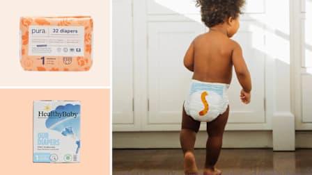 grid of three images with Pura Baby Diapers for Sensitive Skin and HealthyBaby Our Diapers on light orange backgrounds and baby wearing Cuties Complete Care Diapers running through kitchen