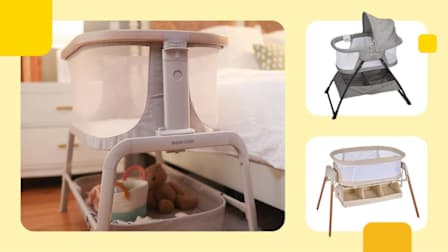 Clockwise, Baby Delight Beside Me Doze Deluxe Bassinet, Chicco LullaGlide Plus 3-in-1, and Maxi-Cosi Iora Bedside Bassinet