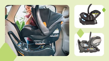 grid of three images with parent installing Chicco KeyFit car seat into car, Cybex Cloud T, and Clek Liing car seats with light green border and three graphic diamonds