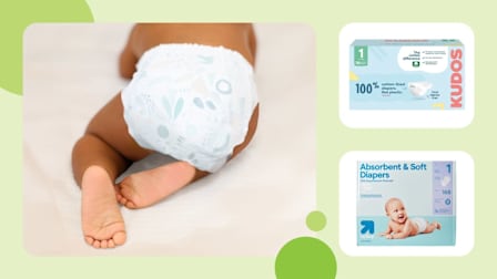 Baby crawling wearing Bumbum Luxury Skincare Diapers, boxes of Up & Up (Target) Absorbent Soft Diapers, and Kudos Cotton Lined Diapers
