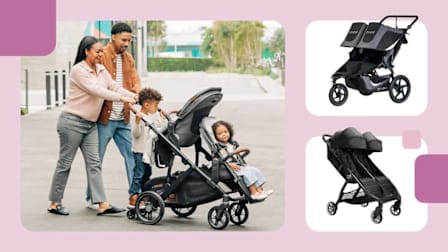 grid of three images with parents pushing two children in UPPAbaby Vista v3 with Rumbleseat V3 double stroller, BOB Gear Revolution Flex Duallie, and Baby Jogger City Tour 2 Double double strollers with light green border and three graphic green squares