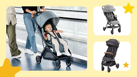 grid of three images with parents pushing toddler in UPPAbaby Minu V3 lightweight stroller, Graco Ready to Jet, and Nuna TRVL LX strollers with yellow border and three graphic yellow stars