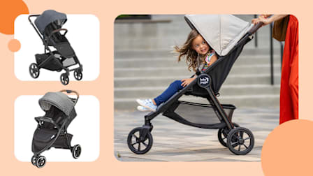 grid of three images with UPPAbaby Cruz V3, Graco Outpace LX strollers and parent pushing toddler in Baby Jogger City Mini GT3 stroller with light orange background and three graphic orange circles