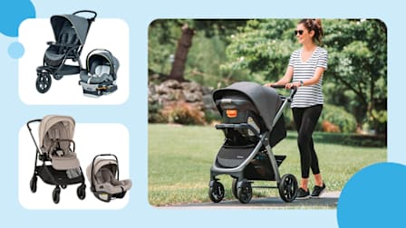 grid of three images with Chicco Active 3 Travel System, Nuna Swiv + Pipa Aire RX , and parent pushing Chicco Bravo Trio Travel System in park