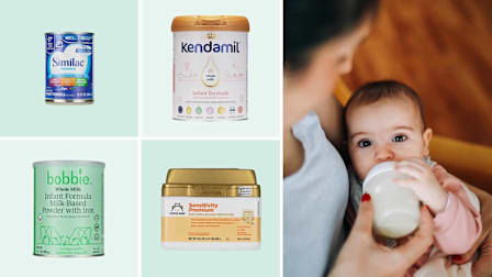 Clockwise from top left: Similac360 Total Care Ready to Feed formula, Kendamil Whole Milk formula, view from above of an infant being held by a caregiver and drinking from a bottle, Mama Bear Sensitivity Premium formula, Bobbi Whole Milk Infant Formula