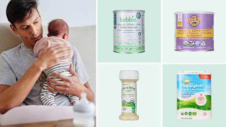 Clockwise from left: a father burping a newborn infant with a baby bottle in the foreground, Bobbie Organic Whole Milk formula, Earth's Best Organic Sensitivity formula, Happy Baby Organic Infant Formula, Similac Pure Bliss Organic Ready to Feed.