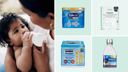 Clockwise from left: An infant being held by their mother and drinking from a bottle, Enfamil Optimum Enspire  formula, Bobbie Organic formula, Similac 360 Total Care Ready to Feed formula, Kirkland Signature ProCare formula.