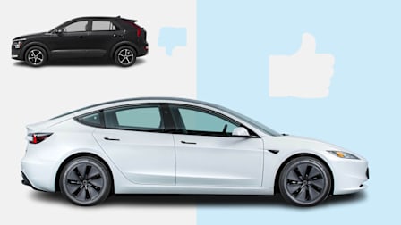 2025 Kia Niro Electric next to graphic thumbs down and 2024 Tesla Model 3 next to graphic thumbs up.