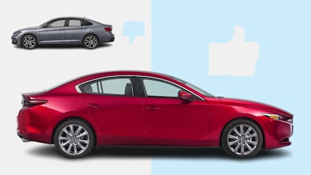 grey 2026 Volkswagen Jetta next to graphic thumbs down and red 2026 Mazda3 next to graphic thumbs up