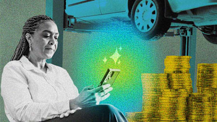 A photo collage showing a woman with braided hair sitting down and looking focused as she holds a smartphone that emits glowing, sparkle-like graphics. In the background, a car is elevated on a hydraulic lift in an auto repair shop. Next to her, large stacks of golden coins sit in the foreground.