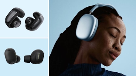 grid of three images with Bose Ultra Open Earbuds and Sony WF1000XM6/B Earbuds on light blue background and person with their eyes closed wearing Apple AirPods Max 2 on light blue background