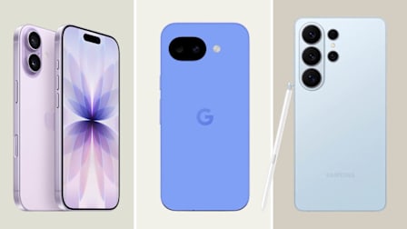 grid with Apple iPhone 17, Google Pixel 10a, and Samsung Galaxy S26 Ultra smartphones on beige backgrounds