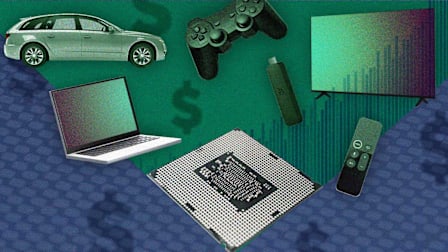 A digital illustration featuring a large computer processor chip in the foreground with a large green triangle coming out from it. In the triangle are various electronic devices and consumer goods, including a silver station wagon, a gaming controller, an open laptop, a streaming stick, a smart TV displaying a bar graph, and a TV remote.