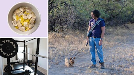 Clockwise from top left: a homemade meal of chicken, corn, and rice in a bowl; Nicholas out for a walk with his Yorkie, Brian, in Arizona; Nicholas' home gym with weightlifting power rack and punching bag.