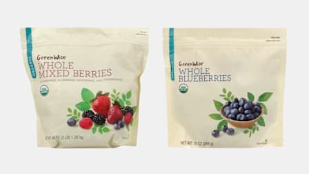 GreenWise frozen whole mixed berries and GreenWise frozen whole blueberries.
