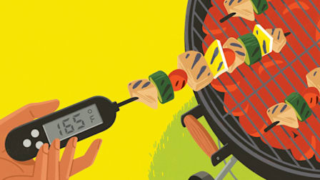 illustration of hand holding instant read thermometer that reads 165 degrees in kabab over charcoal grill