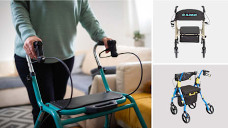 Clockwise from left: Senior person with their hands guiding a rollator, Elenker
All Terrain Rollator, Medline Empower Rollator Walker