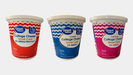 Three containers of the recalled Great Value Cottage Cheese, one with 4% milkfat, one with 2% milkfat, and one with 0% milkfat.