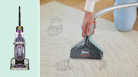 Left-Right: Bissell ProHeat 2x Revolution Pet Pro Plus 3588F and a hand holding an attachment from the Shark CarpetXpert EX201, cleaning a dirty rug.