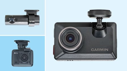 grid of three dash cams (BlackVue DR970X-2CH Plus II, Rove R2-4K Pro, and Garmin X310) on light blue backgrounds