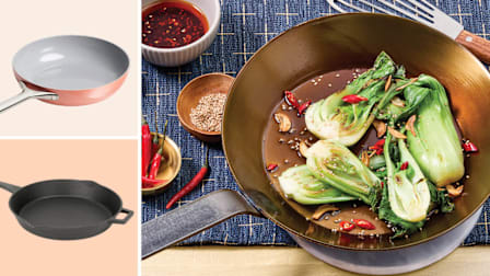grid with Caraway Ceramic-Coated Non-Stick and Bayou Classic-Pre-Seasoned Cast Iron Skillet on light pink backgrounds and Matfer Bourgeat Black Carbon Steel with bok choy and chili peppers on blue table runner with spice and sauce bowls in background