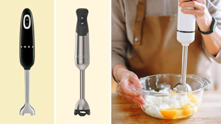 L-R: Smeg Retro immersion blender,  Vitamix 67991 immersion blender, person using an immersion blender on a bowl of raw eggs and other ingredients.