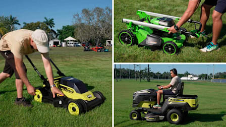 Three images of CR technicians testing battery lawn mowers on a large grass field.