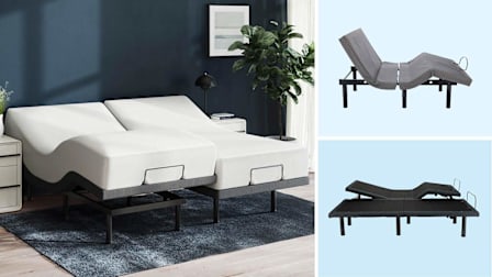 Clockwise from left: Nectar Premier Adjustable Bed Frame Split King in a bedroom environment, Saatva Adjustable Base Plus, Nectar Premier Adjustable Bed Frame Split King